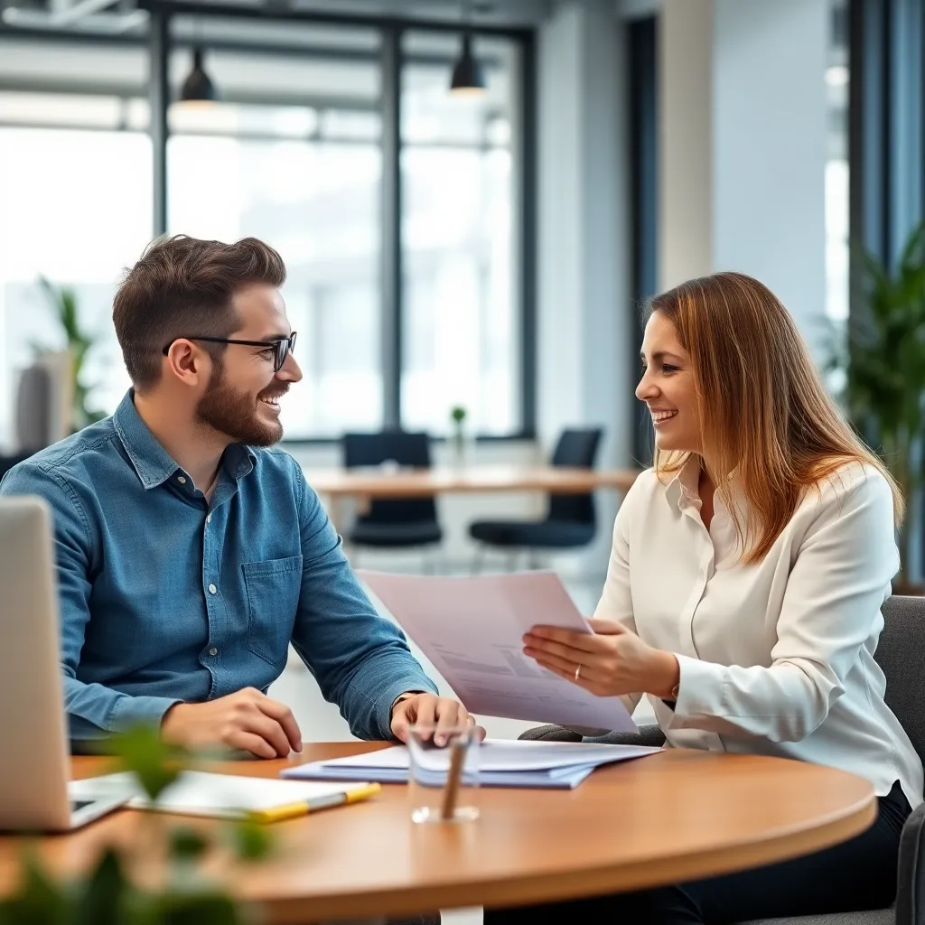 Financieel coach en cliënt bespreken financieel plan in een moderne kantoorruimte
