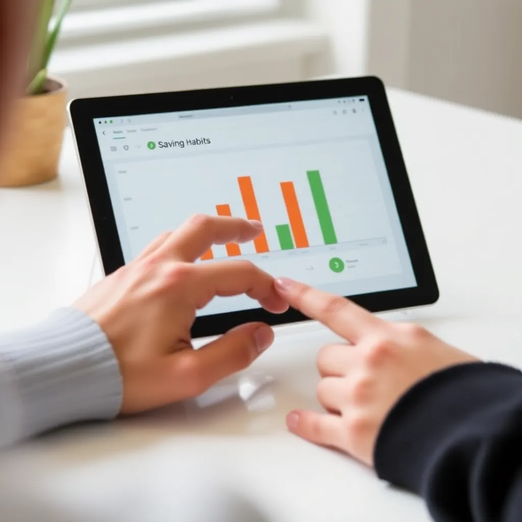 Persoon die digitaal budgettering doet op tablet en spaargewoonten bijhoudt
