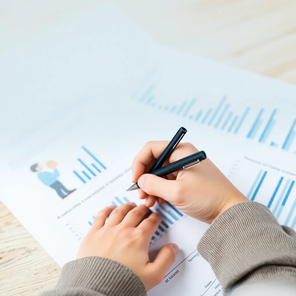 Persoon die een spaarstrategie op papier uitwerkt met financiële grafieken
