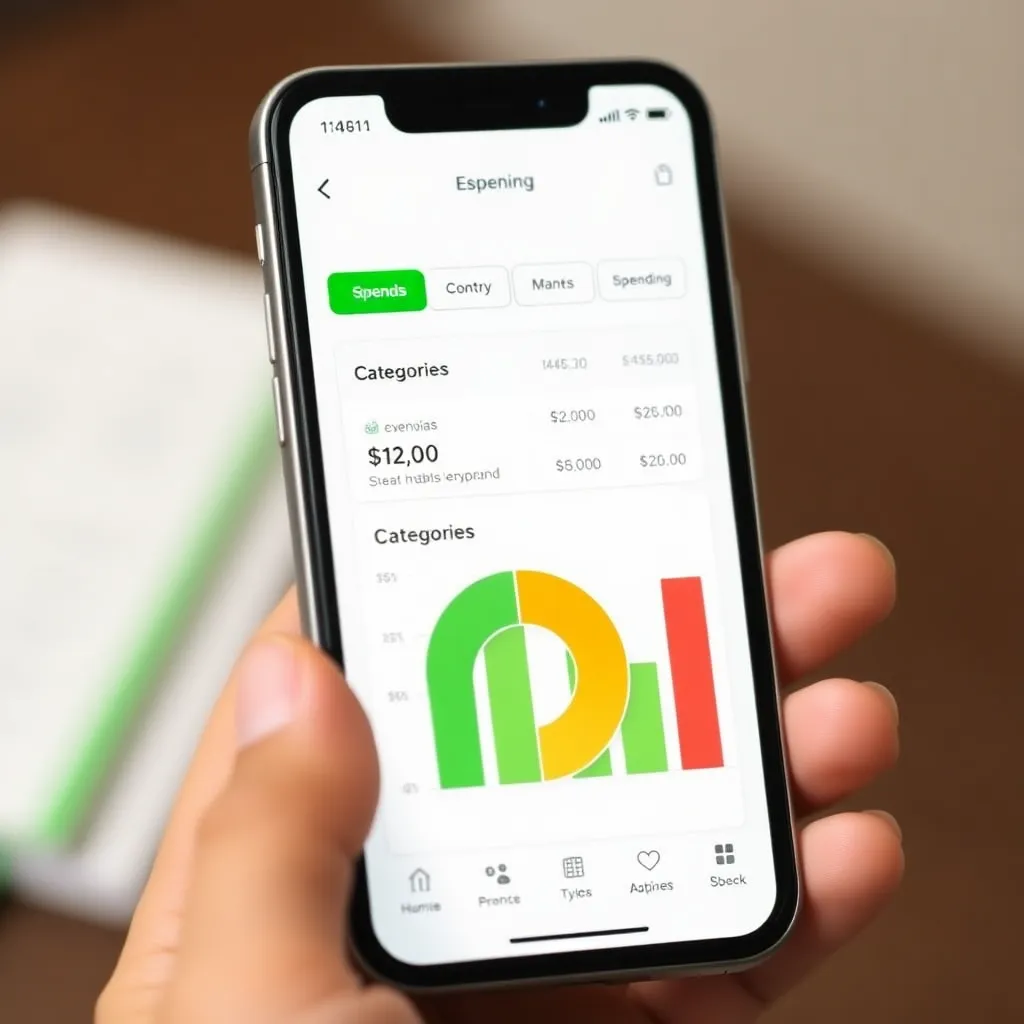 Smartphone met uitgaven tracker app die uitgavencategorieën toont
