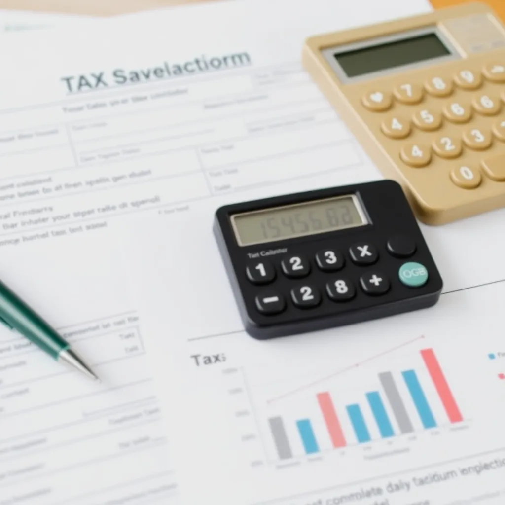 Belastingformulieren en calculator met grafiek die besparingen toont